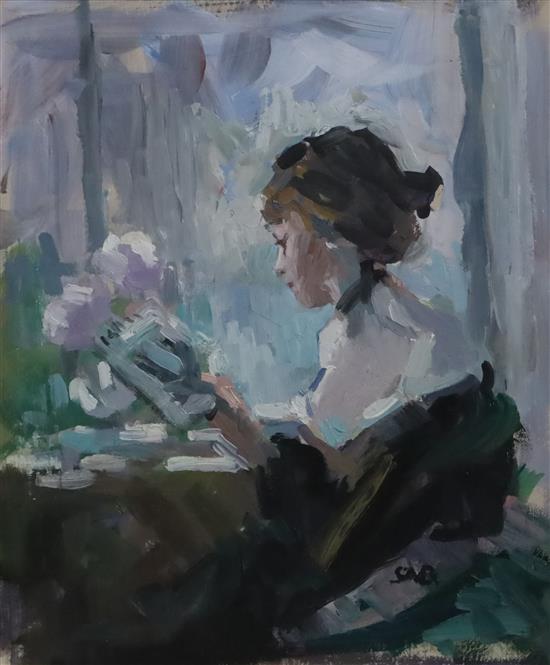 § Sherree Valentine Daines (1956-) Young lady reading a book 8.5 x 7.25in.